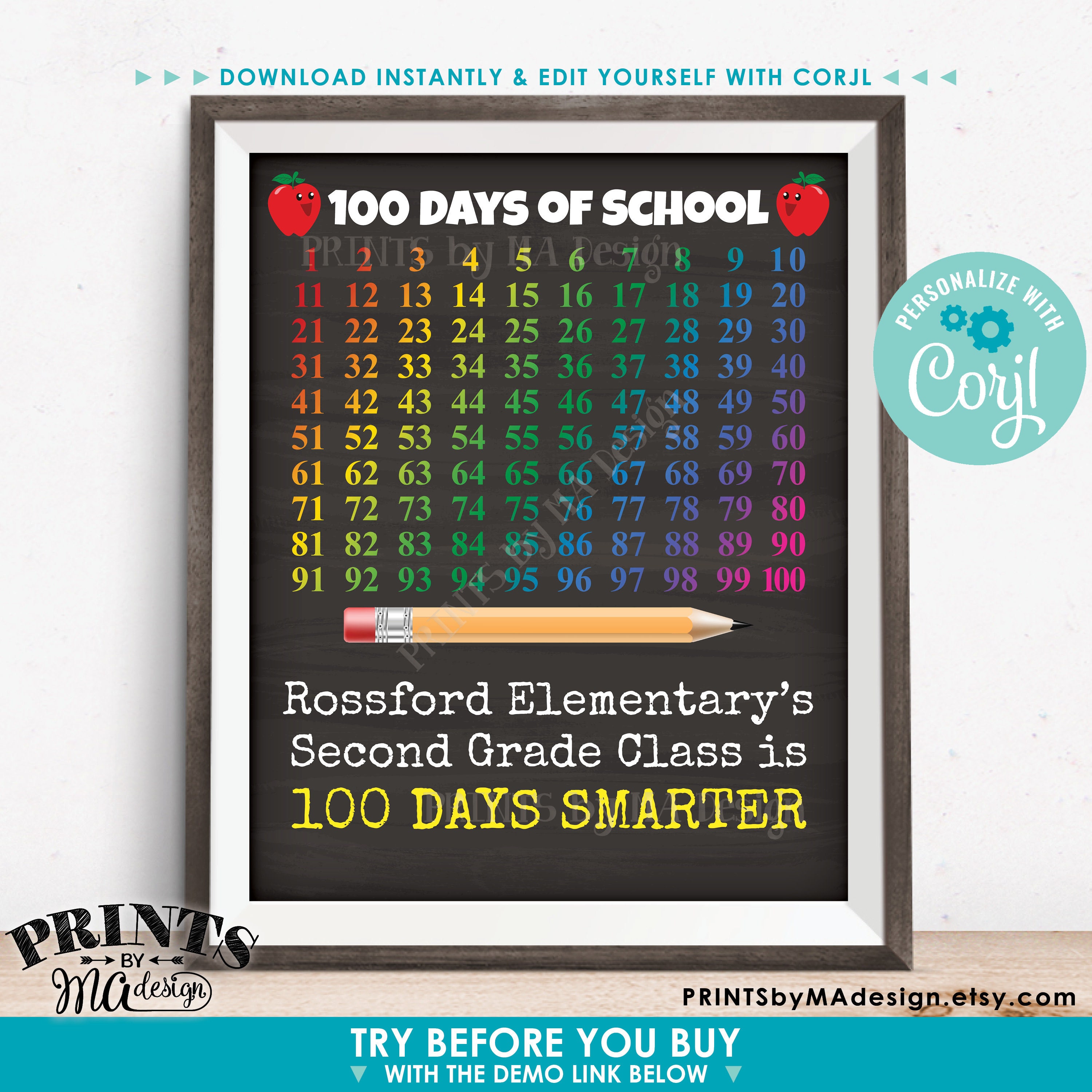 100 Days of School Sign, Custom PRINTABLE 8x10/16x20” Chalkboard Style ...