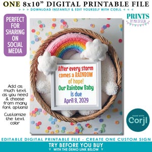 Bearbeitbare Schwangerschaftsankündigung, Regenbogen-Baby-Enthüllung, Personalisieren Sie eine benutzerdefinierte digitale Datei 8x10 ", Decke im Korb <Bearbeiten Sie sich mit Corjl>