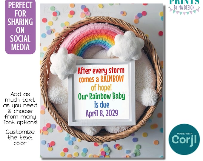 Editable Pregnancy Announcement, Rainbow Baby Reveal, Personalize a Custom 8x10" Digital File, Blanket in Basket <Edit Yourself w/Corjl>