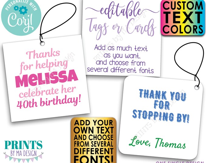 Editable Tags/Cards, Custom  2.5" Square Party Favors, PRINTABLE 8.5x11" Digital File <Edit Yourself with Corjl>