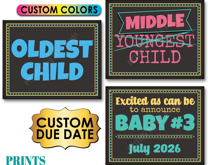 3rd Baby Pregnancy Announcement, Oldest Middle Youngest, Three PRINTABLE 8x10/16x20” Baby Reveal Signs, Pregnant w/#3, Expecting Our Third
