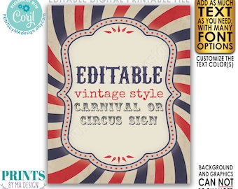 Vintage Style Circus or Carnival Sign, Festival, Birthday Party, One PRINTABLE 8x10/16x20” Portrait Sign <Edit Text Yourself w/Corjl>