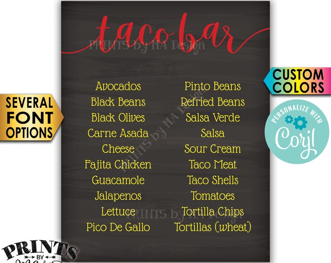 Taco Bar Menu Sign, Fiesta Party Menu, Custom PRINTABLE 8x10/16x20” Chalkboard Style Sign <Edit Yourself with Corjl>