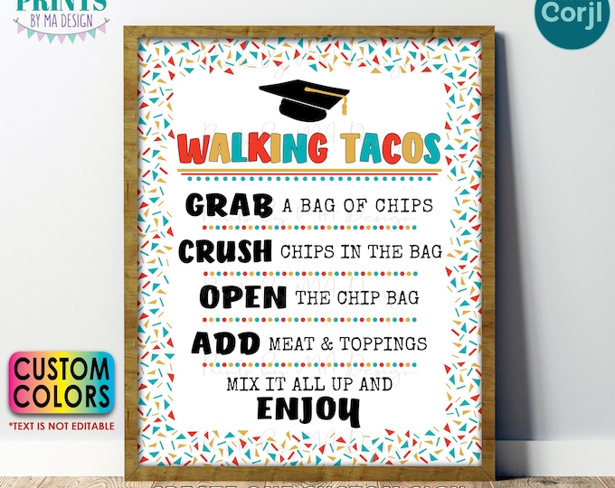Walking Tacos Sign, Graduation Party Taco Bar Fiesta, Custom Colors PRINTABLE 8x10/16x20” Sign, Confetti Border <Edit Yourself with Corjl>
