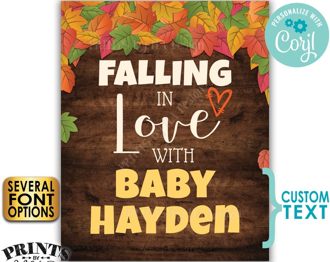 Fall Baby Shower Sign, Falling in Love with Baby Name Reveal, PRINTABLE 16x20" Rustic Wood Style Shower Decor <Edit Yourself with Corjl>