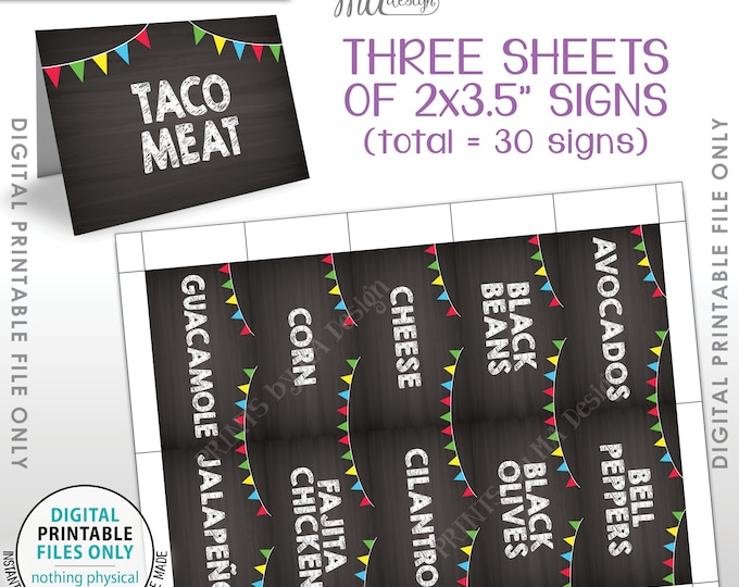 Taco Bar Labels, Taco Bar Menu Fiesta Mini Menu Taco Labels, Taco Bar Sign, 30 2"x3.5" Chalkboard Style Labels, PRINTABLE 8.5x11” Sheet <ID>