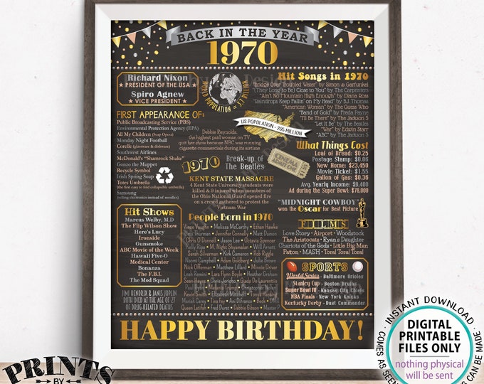 Back in 1970 Birthday Sign, Flashback to 1970 Poster Board, ‘70 B-day Gift, PRINTABLE 16x20” Birthday Decoration <ID>