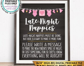 Late Night Nappy Sign, Late-Night Nappies Sign the Nappy Thoughts, Girl, Pink PRINTABLE 8x10” Chalkboard Style Baby Shower Game Sign <ID>