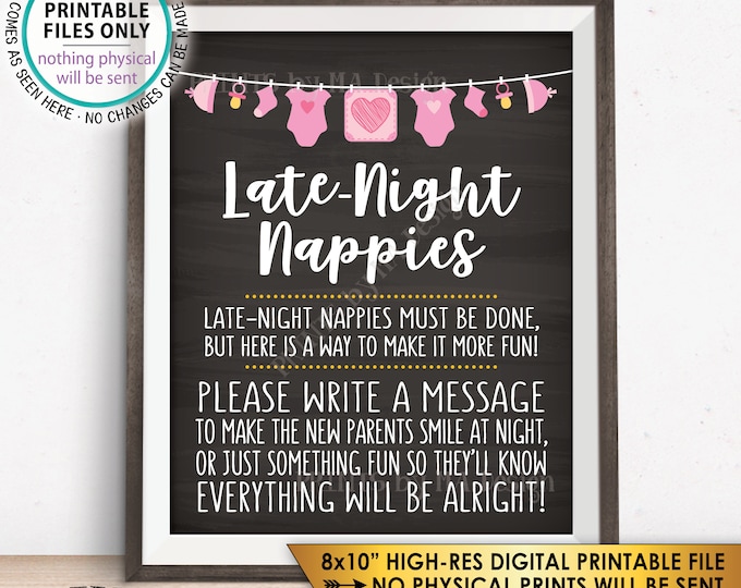 Late Night Nappy Sign, Late-Night Nappies Sign the Nappy Thoughts, Girl, Pink PRINTABLE 8x10” Chalkboard Style Baby Shower Game Sign <ID>