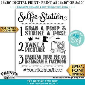 Selfie Station Sign, Share on Instagram & Facebook, PRINTABLE 8x10/16x20” Hashtag Sign <Edit Yourself with Corjl>