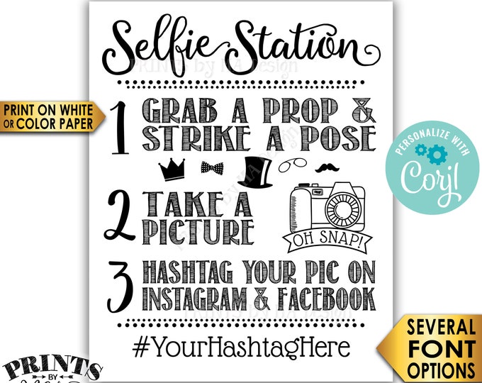 Selfie Station Sign, Share on Instagram & Facebook, PRINTABLE 8x10/16x20” Hashtag Sign <Edit Yourself with Corjl>