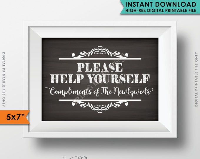 Please Help Yourself Sign, Compliments of the Newlyweds, Bathroom Basket Sign, Restroom, PRINTABLE 5x7” Chalkboard Style Wedding Sign <ID>