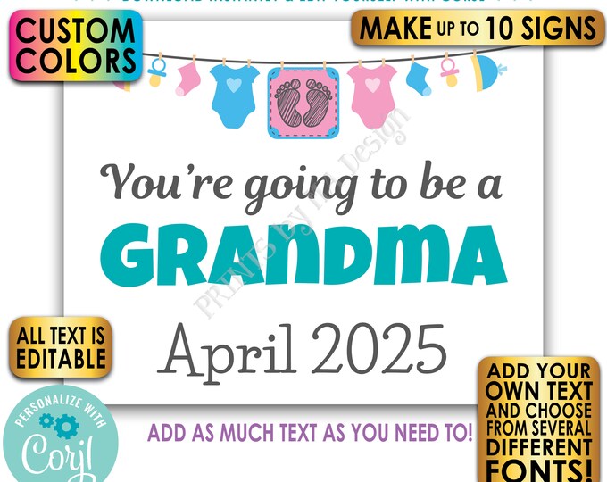 Custom Pregnancy Announcements, Going to be a, Baby Clothesline, Custom Text & Colors, Ten PRINTABLE Signs <Edit Yourself w/Corjl>