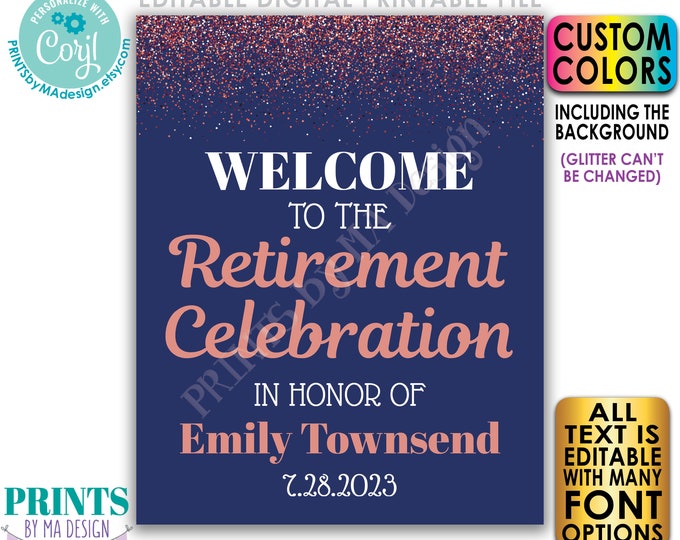 Editable Retirement Party Welcome Sign, Retirement Celebration, Rose Gold Glitter, Custom PRINTABLE 16x20” Sign <Edit Yourself w/Corjl>