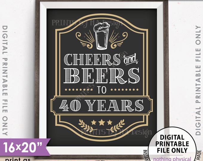 Cheers and Beers to 40 Years, Cheers to 40th B-day, Cheers & Beers Party, Beer Birthday Sign, Retirement, PRINTABLE 8x10/16x20” Sign <ID>