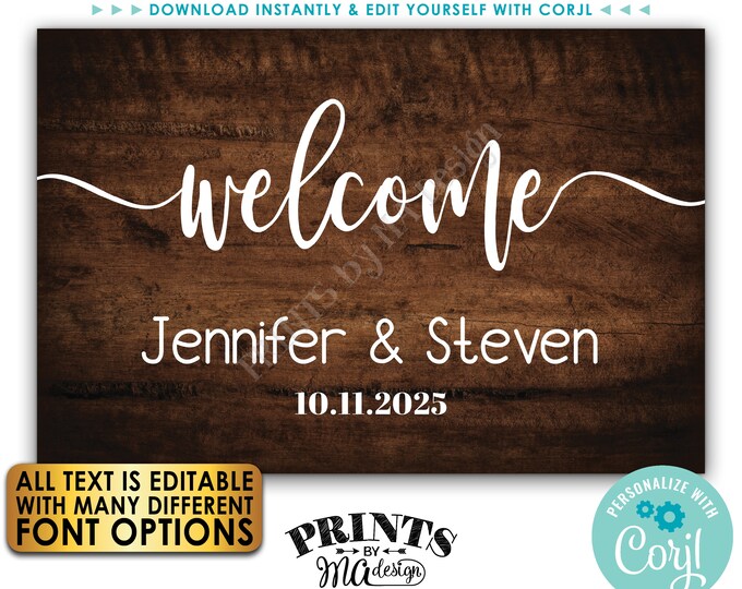 Wedding Welcome Sign, Editable Wood Wedding Sign, Custom PRINTABLE 24x36” Rustic Wood Style Entrance Sign <Edit Yourself w/Corjl>