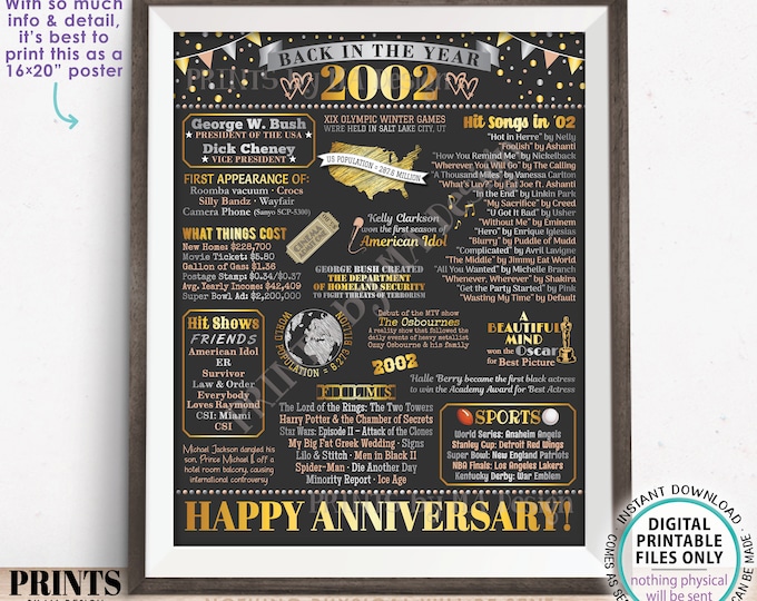 Back in the Year 2002 Anniversary Sign, Flashback to 2002 Anniversary Decor, Anniversary Gift, PRINTABLE 16x20” Poster Board <ID>