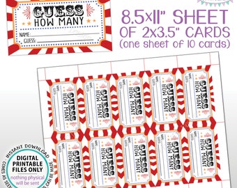 Guess How Many Carnival Theme Cards, Circus Guessing Game, Birthday Party, Festival, PRINTABLE 8.5x11” Sheet of 10 Cards <ID>
