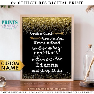 Geheugenbord, pak een kaart en pen en schrijf een herinnering of advies, aangepaste naam, AFDRUKBAAR 8 x 10" zwart-gouden glitterbord