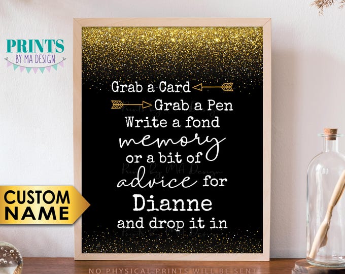 Memory Sign, Grab a Card and Pen and Write a Memory or Advice, Custom Name, PRINTABLE 8x10” Black & Gold Glitter Sign
