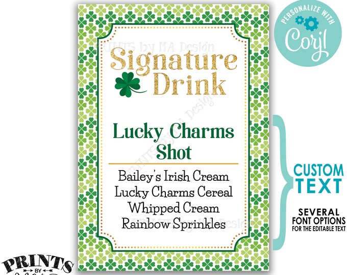 Signature Drink Sign, Signature Cocktail, St. Patrick's Day Party, Shamrock Menu, PRINTABLE 5x7” Drink Sign <Edit Yourself with Corjl>