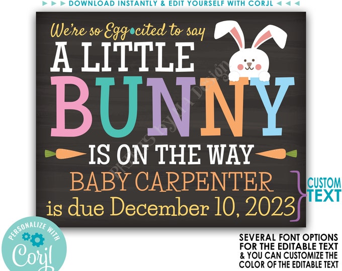 Easter Pregnancy Announcement, We're So Egg-cited A Little Bunny is on the Way, PRINTABLE Baby Reveal Sign <Edit Yourself with Corjl>