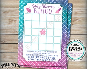 Baby Shower Bingo, Mermaid Bingo Baby Shower Game, Mom-to-Be Bingo Game, Under the Sea, Watercolor Style Digital PRINTABLE 5x7” Card <ID>