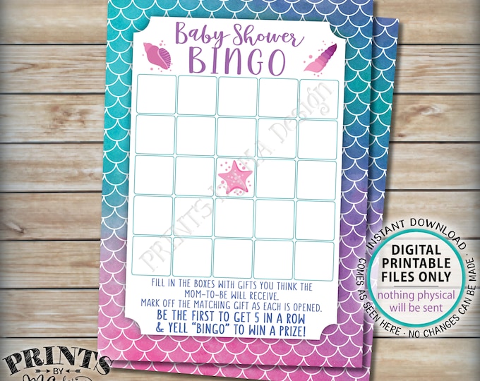 Baby Shower Bingo, Mermaid Bingo Baby Shower Game, Mom-to-Be Bingo Game, Under the Sea, Watercolor Style Digital PRINTABLE 5x7” Card <ID>