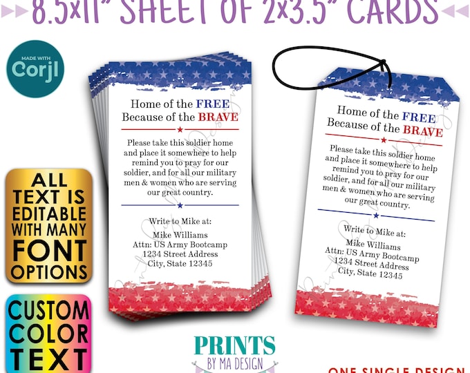 US Military Boot Camp Send-off Card, Take a Soldier, Please Pray for Our Soldier, PRINTABLE 2x3.5" Tags/Cards <Edit ONE Yourself w/Corjl>