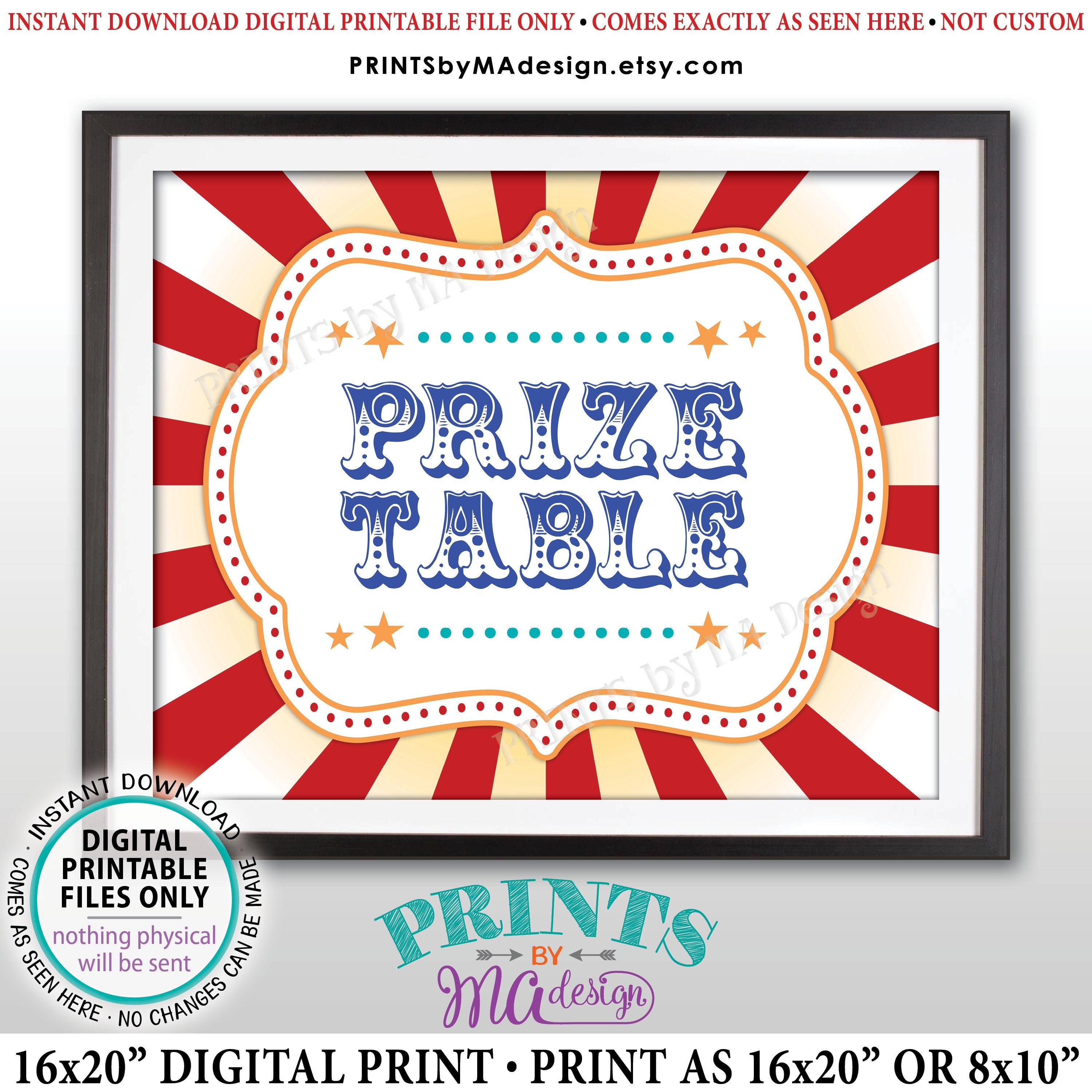 Carnival Prize Table Sign, Carnival Party Prizes Sign, Circus, Birthday Party, Festival ...