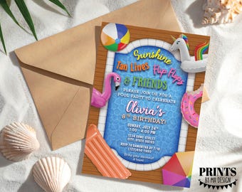 Pool Party Birthday Invite, PRINTABLE 5x7" Bday Invitation, Unicorn, Flamingo, Pool Floats, Digital File