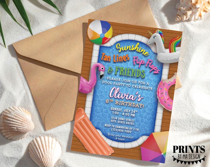 Pool Party Birthday Invite, PRINTABLE 5x7" Bday Invitation, Unicorn, Flamingo, Pool Floats, Digital File