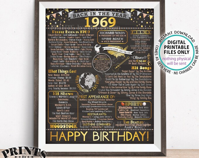 Back in 1969 Birthday Sign, Flashback to 1969 Poster Board, ’69 B-day Gift, Bday Decoration, PRINTABLE 16x20” Sign <ID>