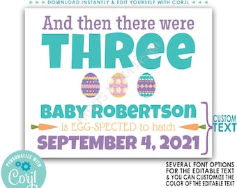 Easter Pregnancy Announcement, And Then There Were Three Easter Eggs, PRINTABLE 8x10/16x20” Baby Reveal Sign <Edit Yourself with Corjl>