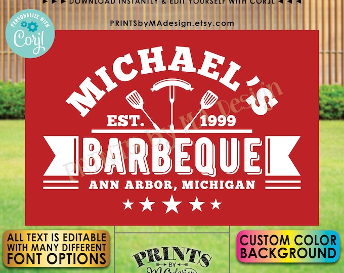 Editable BBQ Sign, Backyard Barbecue, Barbie Grill Smokehouse, Custom Color Background, PRINTABLE 24x36” Sign <Edit Yourself w/Corjl>