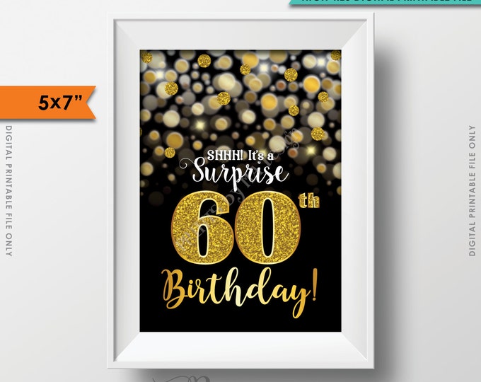 Surprise Birthday Invitation 60th Black & Gold Glitter Bokeh 60th B-day Turning Sixty Invite, 5x7" Instant Download Digital Printable File