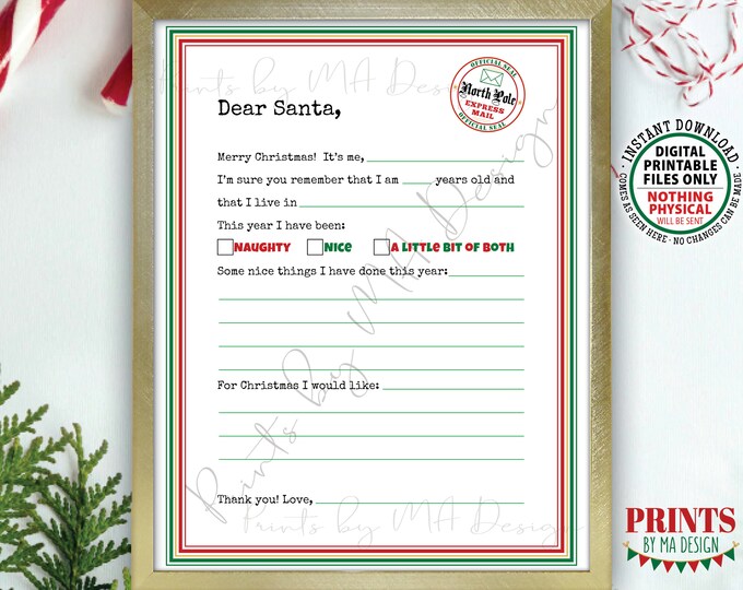 SALE! Santa Letter Template, Kids Letter to Santa Claus, Naughty or Nice, Christmas List, Easy PRINTABLE 8.5x11” Digital File <ID>