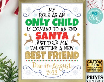 Christmas Pregnancy Announcement, My Role as an Only Child is Coming to an End, PRINTABLE Baby #2 Reveal Sign <Edit Yourself with Corjl>