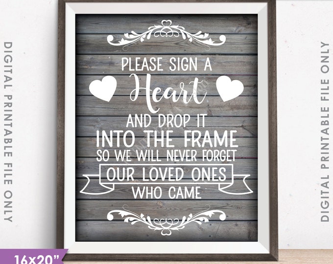 Guestbook Hearts Sign, Sign a Heart, Guest Book Alternative, Wooden Hearts Sign, PRINTABLE 8x10/16x20” Rustic Wood Style Wedding Sign <ID>