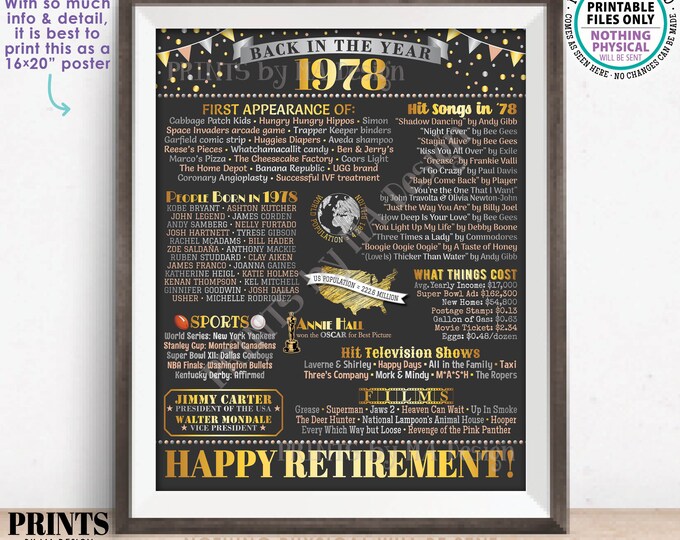 Retirement Party Decoration, Back in the Year 1978 Flashback to 1978 Poster Board, Instant Download PRINTABLE 16x20” 1978 Sign <ID>