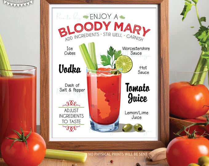 Bloody Mary Drink Diagram Sign, Create Your Own Bloody Mary Ingredients, PRINTABLE 8x10/16x20” Bloody Mary Design, Watercolor Style <ID>