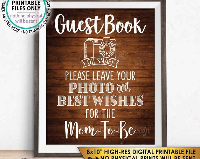 Guestbook Sign, Leave Photo and Best Wishes for the Mom-To-Be, Baby Shower Sign, Selfie, Rustic Wood Style PRINTABLE 8x10” Instant Download