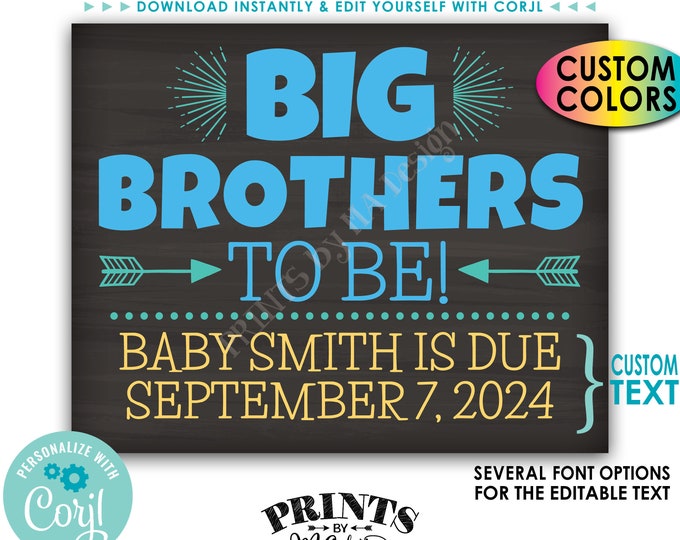 Big Brothers Pregnancy Announcement, Custom PRINTABLE 8x10/16x20” Chalkboard Style Baby Reveal Sign <Edit Yourself with Corjl>