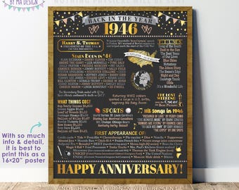 Back in the Year 1946 Anniversary Sign, Flashback to 1946 Anniversary Decor, Anniversary Gift, PRINTABLE 16x20” Poster Board <ID>