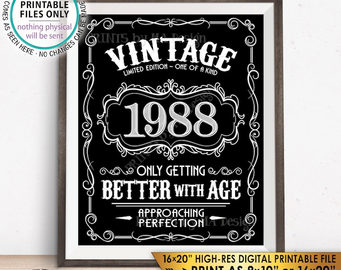 1988 Birthday Sign, Better with Age Vintage Birthday Poster, Aged to Perfection, Black & White PRINTABLE 8x10/16x20” Instant Download Sign