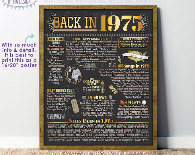 Back in 1975 Poster Board, Flashback to 1975, Remember the Year 1975, USA History from 1975, PRINTABLE 16x20” Sign <ID>