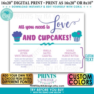 Cupcake Menü Schild, Hochzeitstorte Diplay Cupcake Geschmacksrichtungen, PRINTABLE 8x10/16x20 Zoll Hochzeit Dessert Display <Bearbeiten Sie sich mit Corjl>