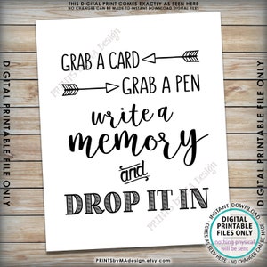 Write a Memory, Grab a Card Grab a Pen Drop it In, Birthday Party, Graduation Memories, Retirement, Bon Voyage, PRINTABLE 8x10 Sign ID image 2