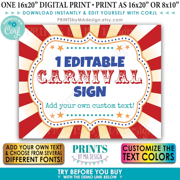 Custom Carnival Sign, Carnival Theme Party Sign, Circus Birthday Party, One PRINTABLE 8x10/16x20” Sign <Edit Text Yourself w/Corjl>