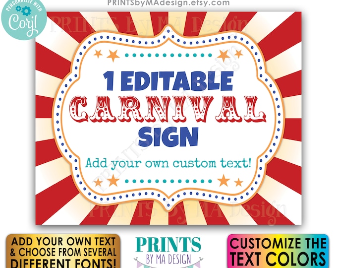 Custom Carnival Sign, Carnival Theme Party Sign, Circus Birthday Party, One PRINTABLE 8x10/16x20” Sign <Edit Text Yourself w/Corjl>